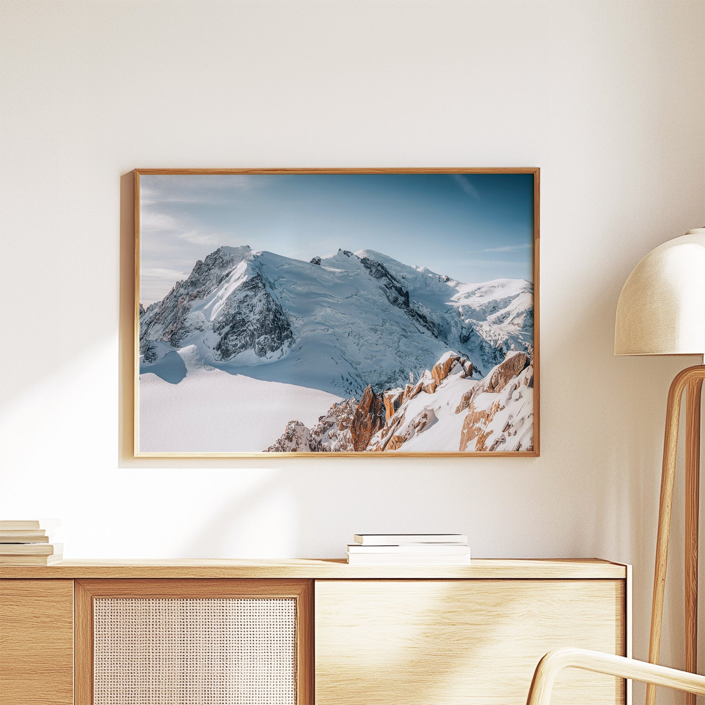 Decorative wall art showcasing the Cosmiques Arête and Mont Blanc massif under clear skies