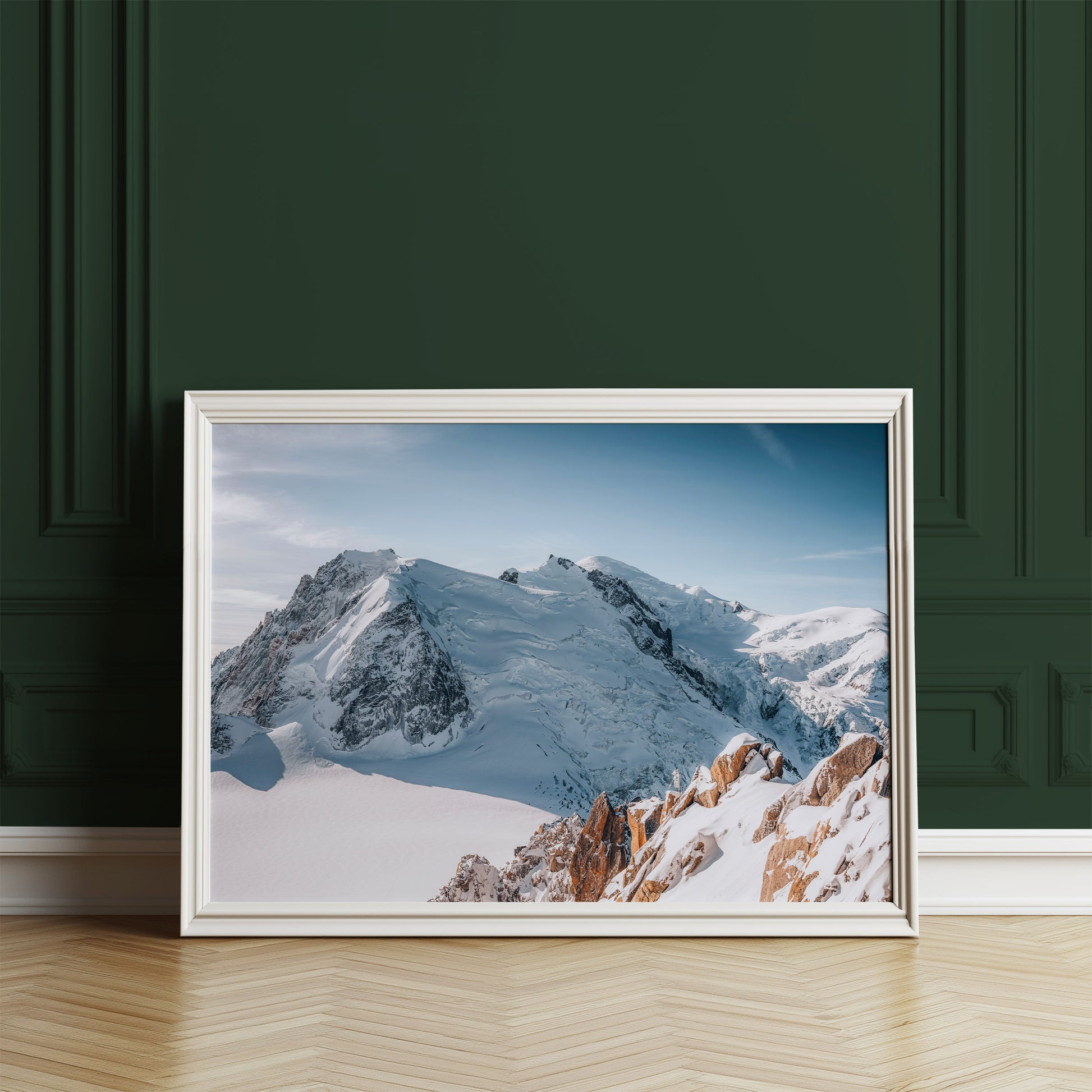 Cosmiques Arête with Mont Blanc massif in fine detail, framed and placed against a green wall.