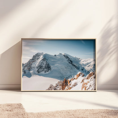 Bright and clear view of the Cosmiques Arête and Mont Blanc massif as framed art.