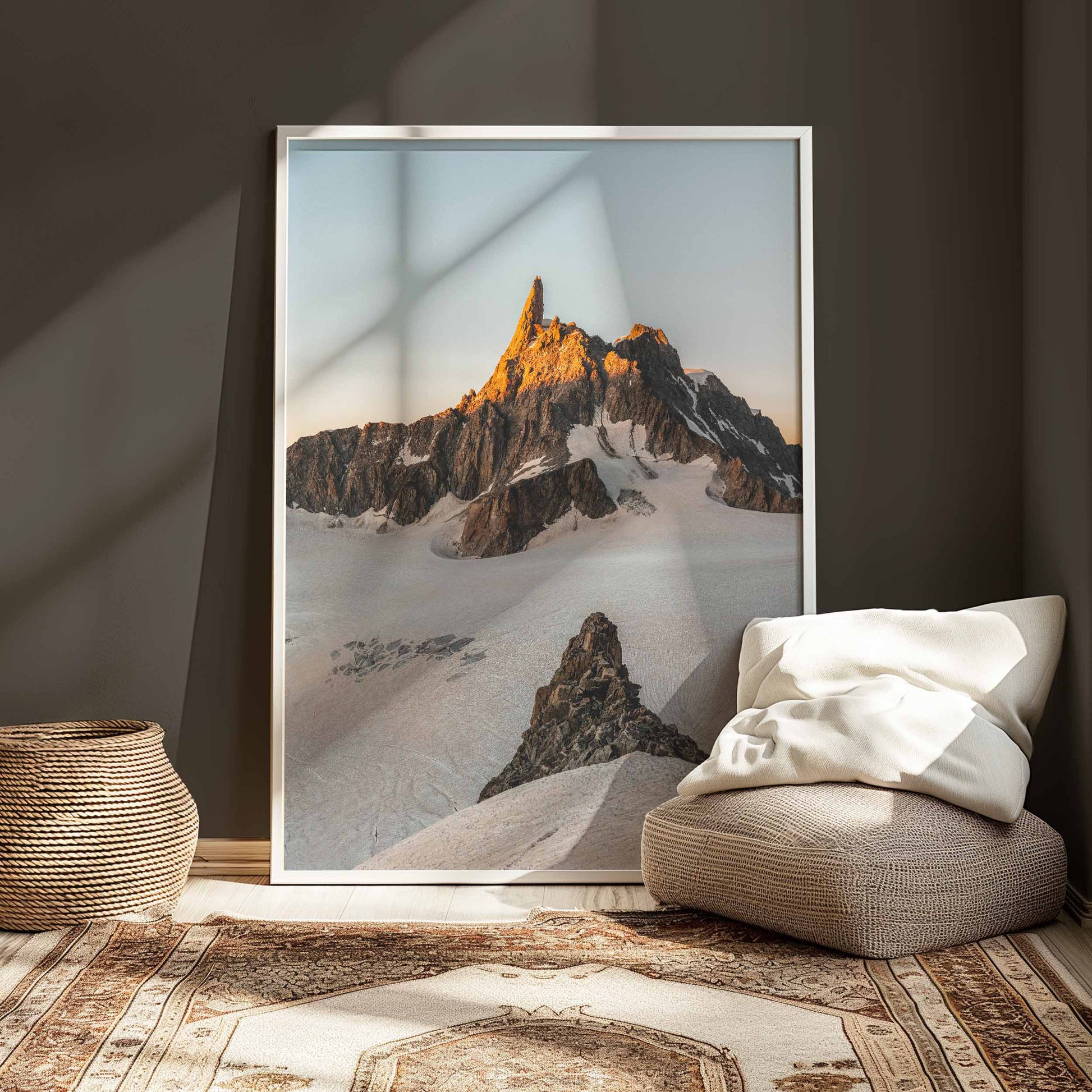 Alpenglow at sunset on Dent du Géant in Chamonix, France – high-quality photography wall decor.
