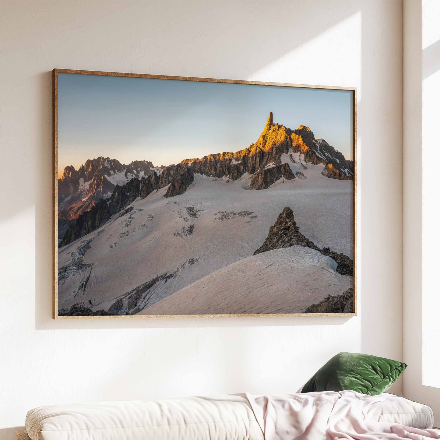 Dent du Géant photography print in a modern living room, showcasing warm sunset tones.