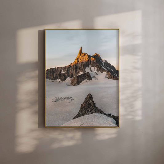 Golden sunset illuminating the Dent du Géant in the French Alps, a stunning Chamonix wall art print.