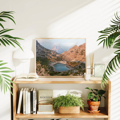 Alpine wall art print with green and golden tones of the Dolomites