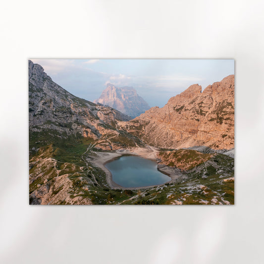 Italian Dolomites lake print at sunset with mountain reflections