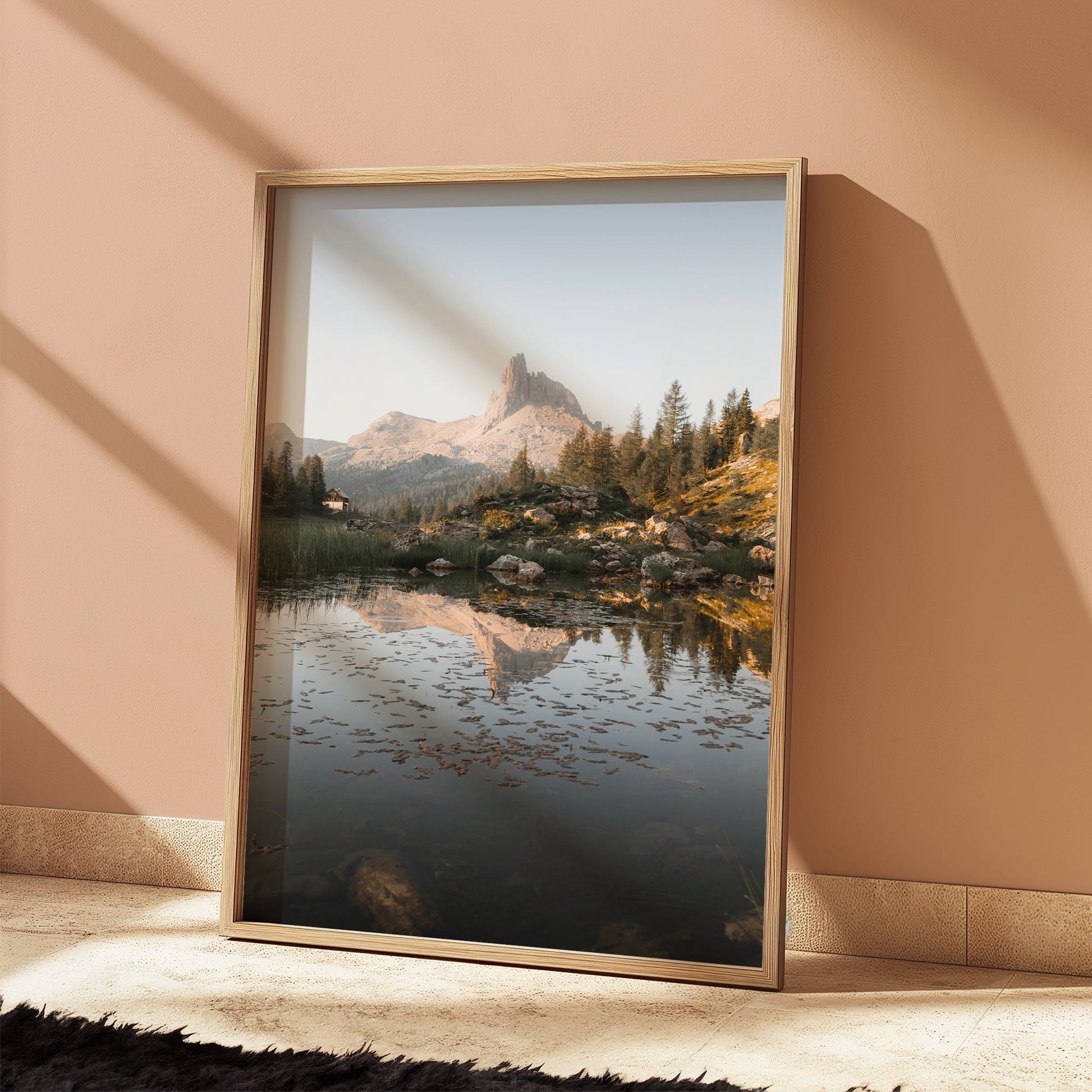 Peaceful landscape photo print of the Dolomites with Lago di Federa reflecting dramatic peaks and forested slopes.