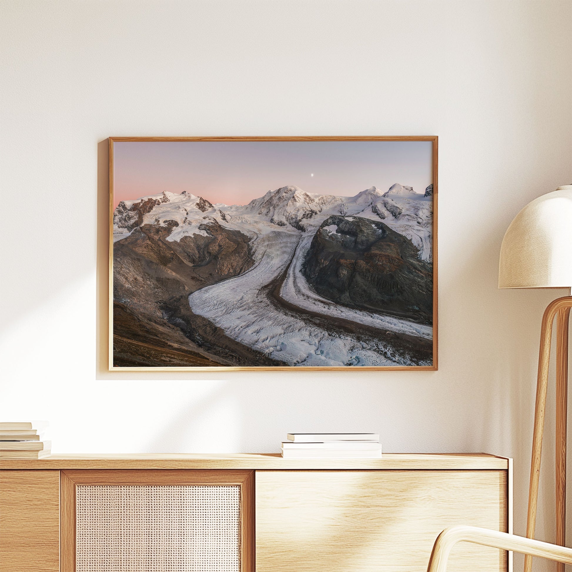 Monte Rosa Massif and Gorner Glacier at dusk, with soft pink hues of sunset, offering a breathtaking nature wall art for your space.