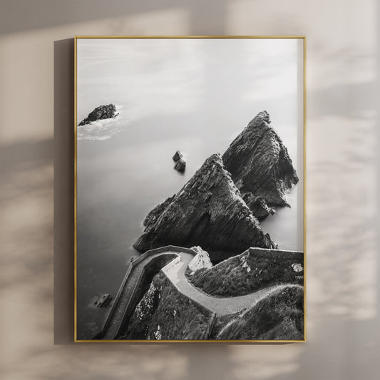 Black and white wall art of Dunquin Pier on the Dingle Peninsula, Ireland