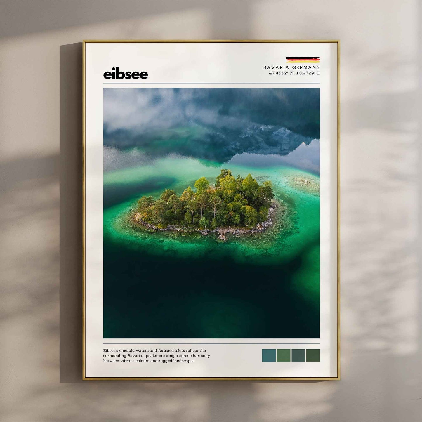 Eibsee aerial island Bavaria Germany drone photography print in gold float frame mounted on warm beige wall with window light shadows