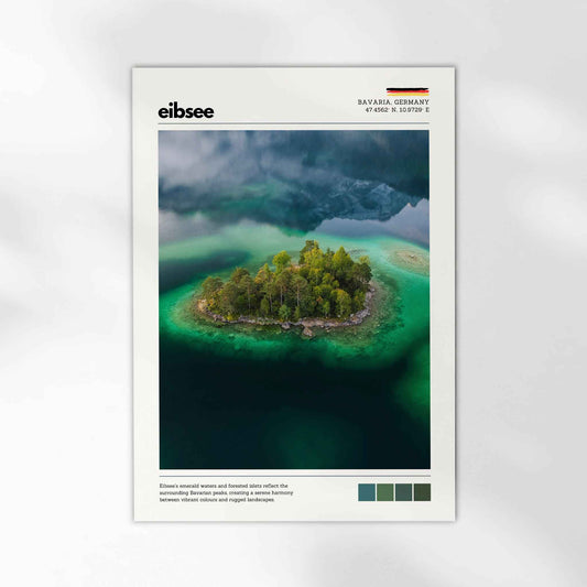 Unframed Eibsee aerial island Bavaria Germany fine art print on white background showing forested island surrounded by vivid emerald green alpine lake water