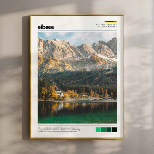 Eibsee autumn Zugspitze Bavaria Germany lake photography print in gold float frame mounted on warm beige wall with window light shadows