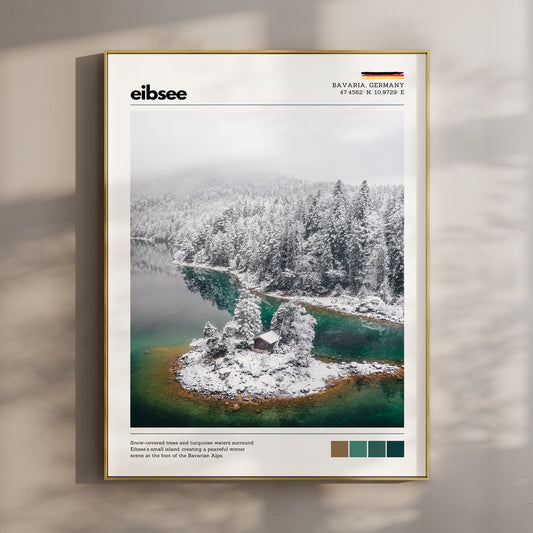 Eibsee winter island cabin Bavaria Germany aerial photography print in gold float frame mounted on warm beige wall with window light shadows