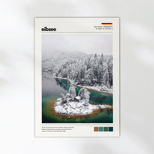 Unframed Eibsee winter island cabin Bavaria Germany fine art print on white background showing snow-covered island with lone cabin in turquoise alpine lake