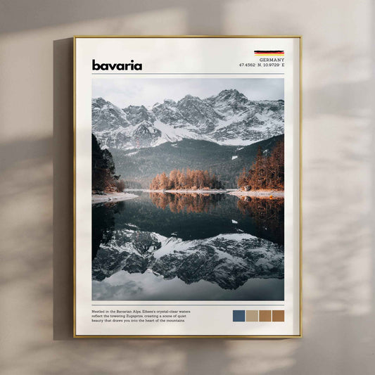 Eibsee Zugspitze Bavaria Germany lake reflection photography print in gold float frame mounted on warm beige wall with window light shadows