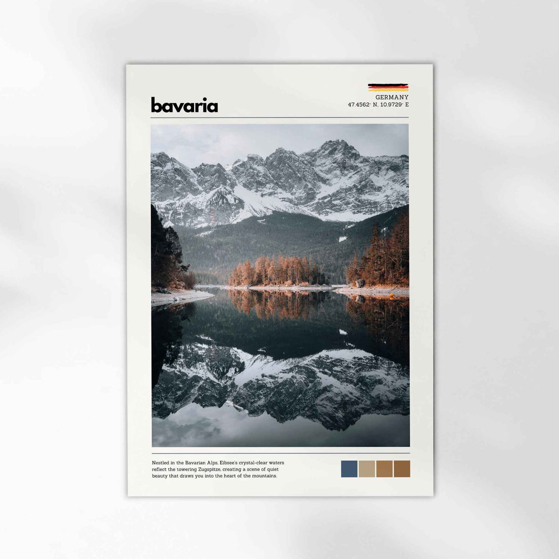 Unframed Eibsee Zugspitze Bavaria Germany fine art print on white background showing snow-capped Wetterstein mountains reflected in still alpine lake