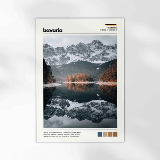 Unframed Eibsee Zugspitze Bavaria Germany fine art print on white background showing snow-capped Wetterstein mountains reflected in still alpine lake