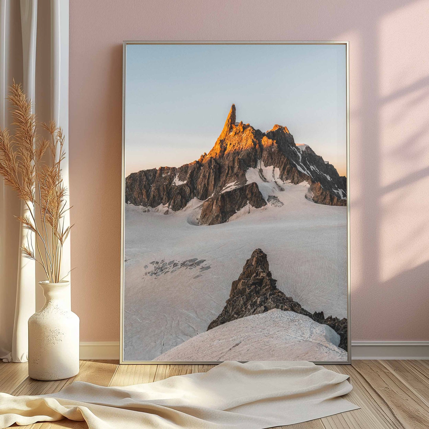 Chamonix's iconic Dent du Géant with golden sunset light, a perfect addition to your wall art collection.