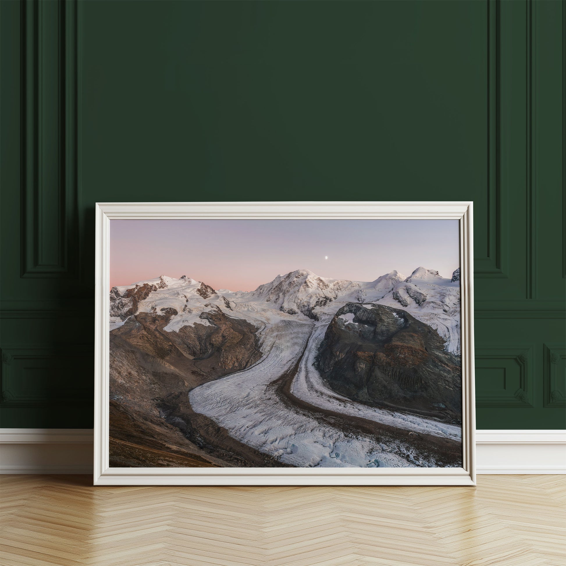 Swiss Alps evening light on Gorner Glacier with Monte Rosa peaks, a perfect addition to mountain wall art collections.