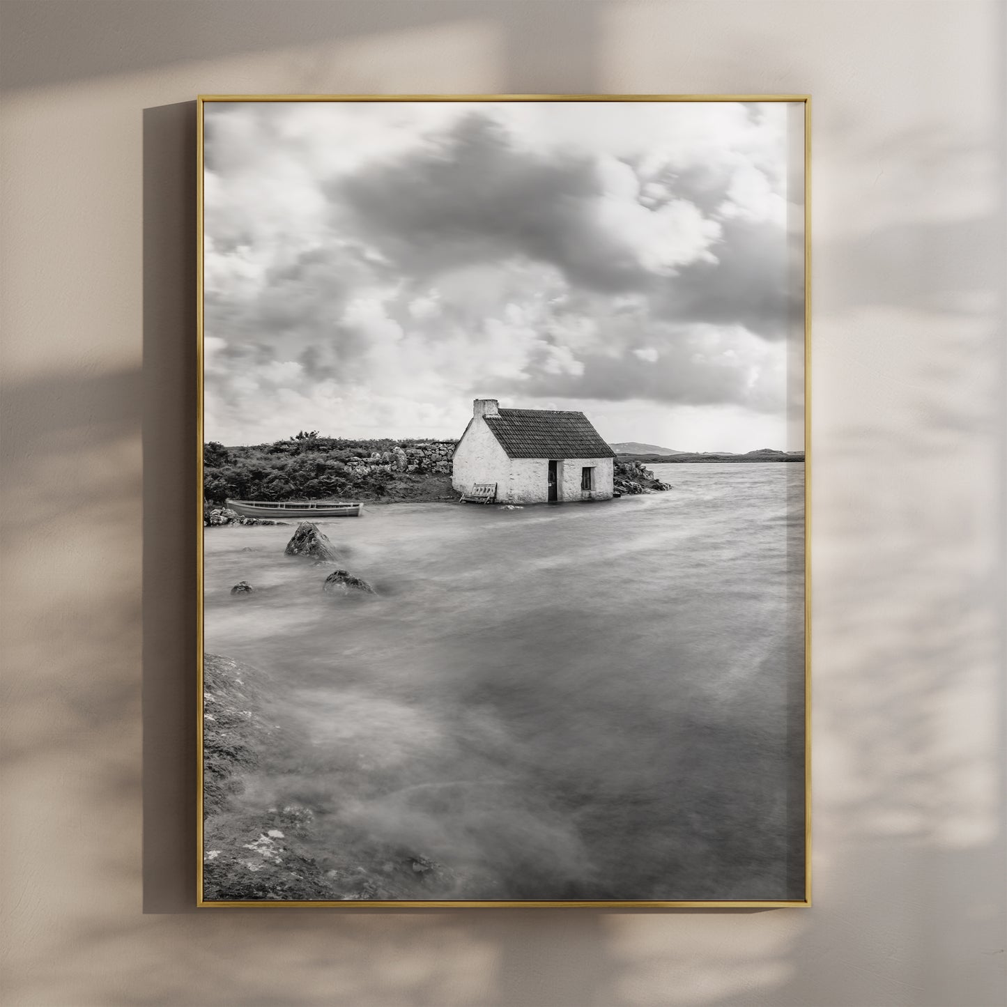 Black and white wall art of a fisherman's bothy on the Connemara coastline, Galway