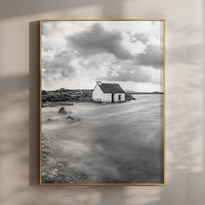 Black and white wall art of a fisherman's bothy on the Connemara coastline, Galway