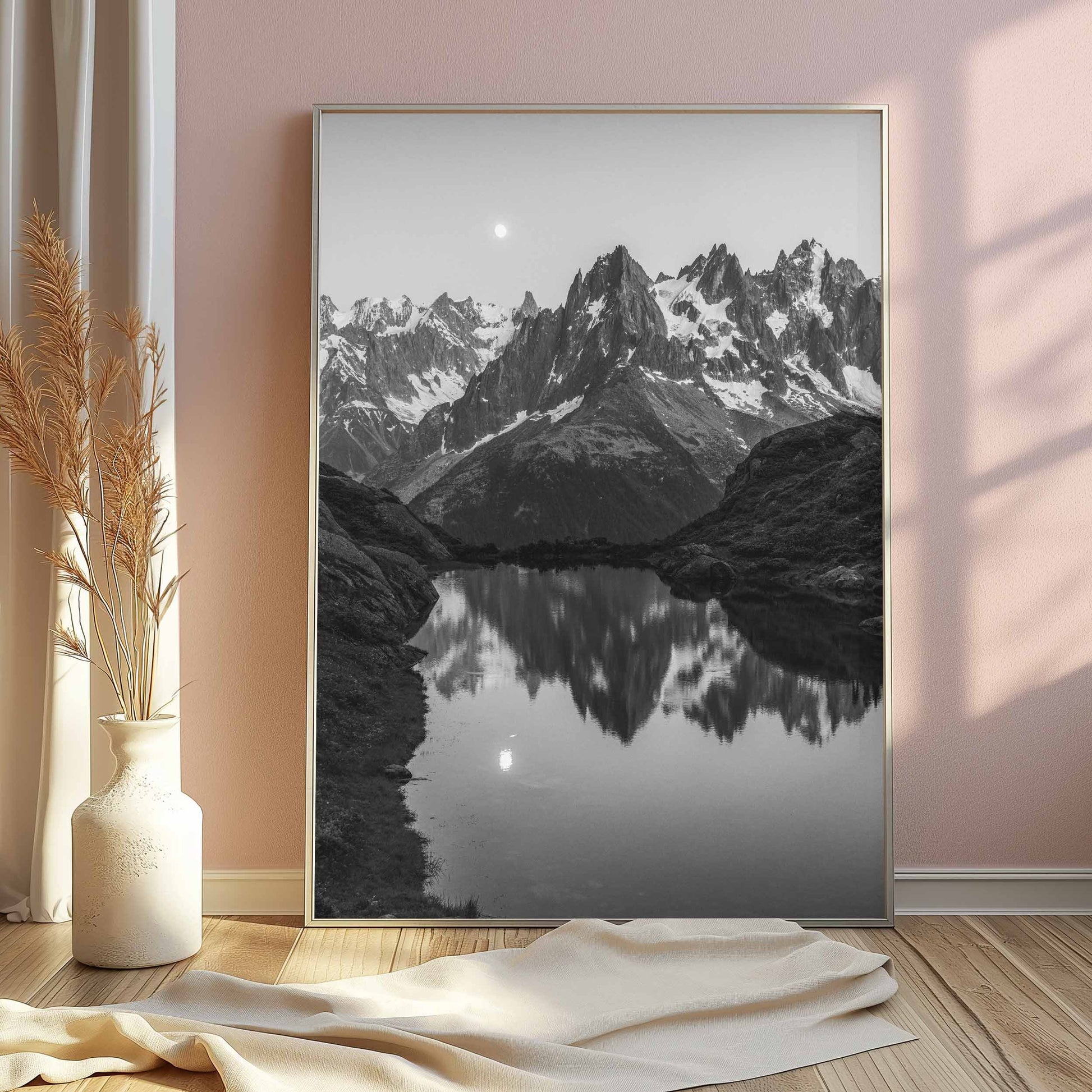 Minimalist photo of Lac de la Flégère, framed in soft light, capturing the tranquility of Chamonix.