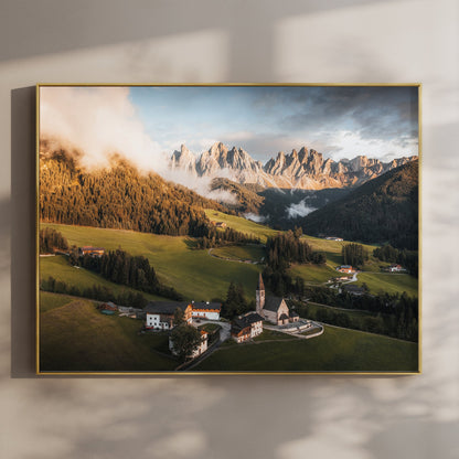 Golden light over St. Magdalena village and Odle mountain range, framed wall art print