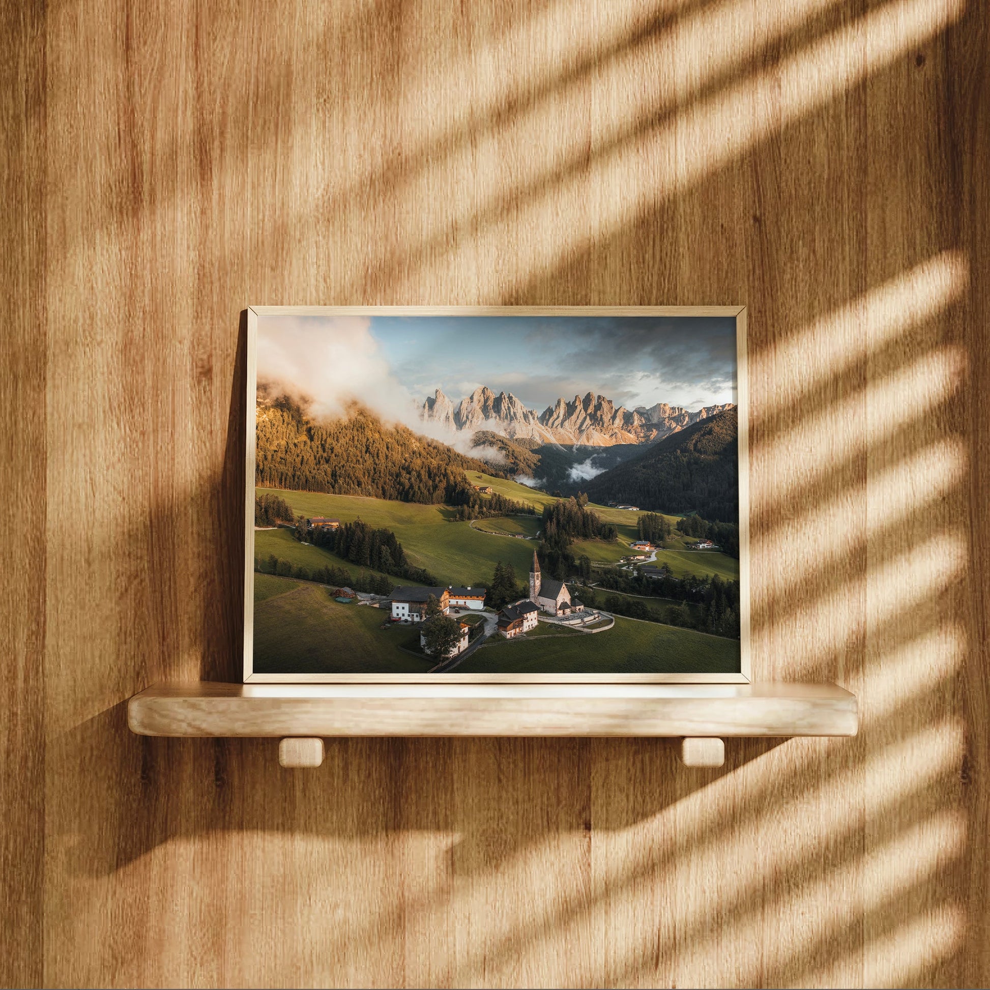 St. Magdalena print styled on wooden shelf with mountain light