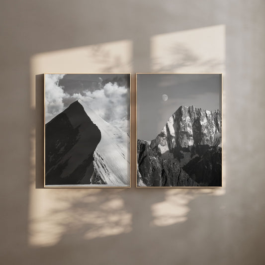 Minimalistic framed wall art featuring the Aiguille de Bionnassay and Grand Jorasses in a modern light-filled setting.