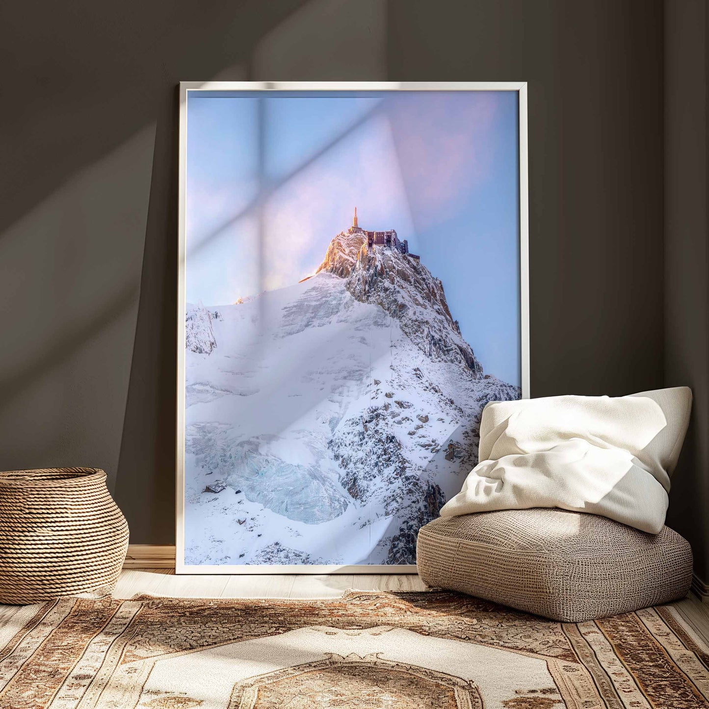 Close-up of the Aiguille du Midi surrounded by glistening snow.