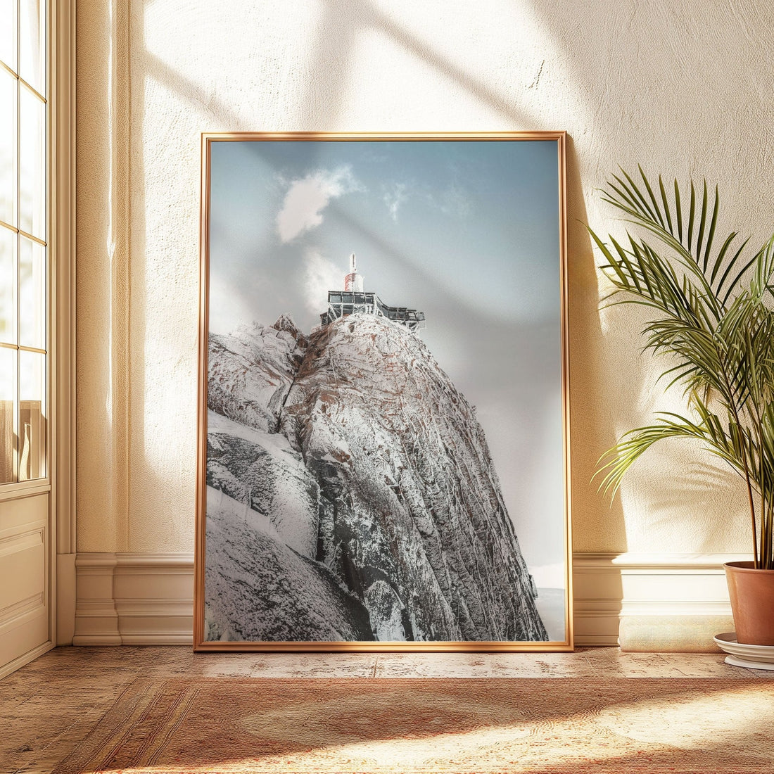 Close-up of the Aiguille du Midi observation deck covered in snow