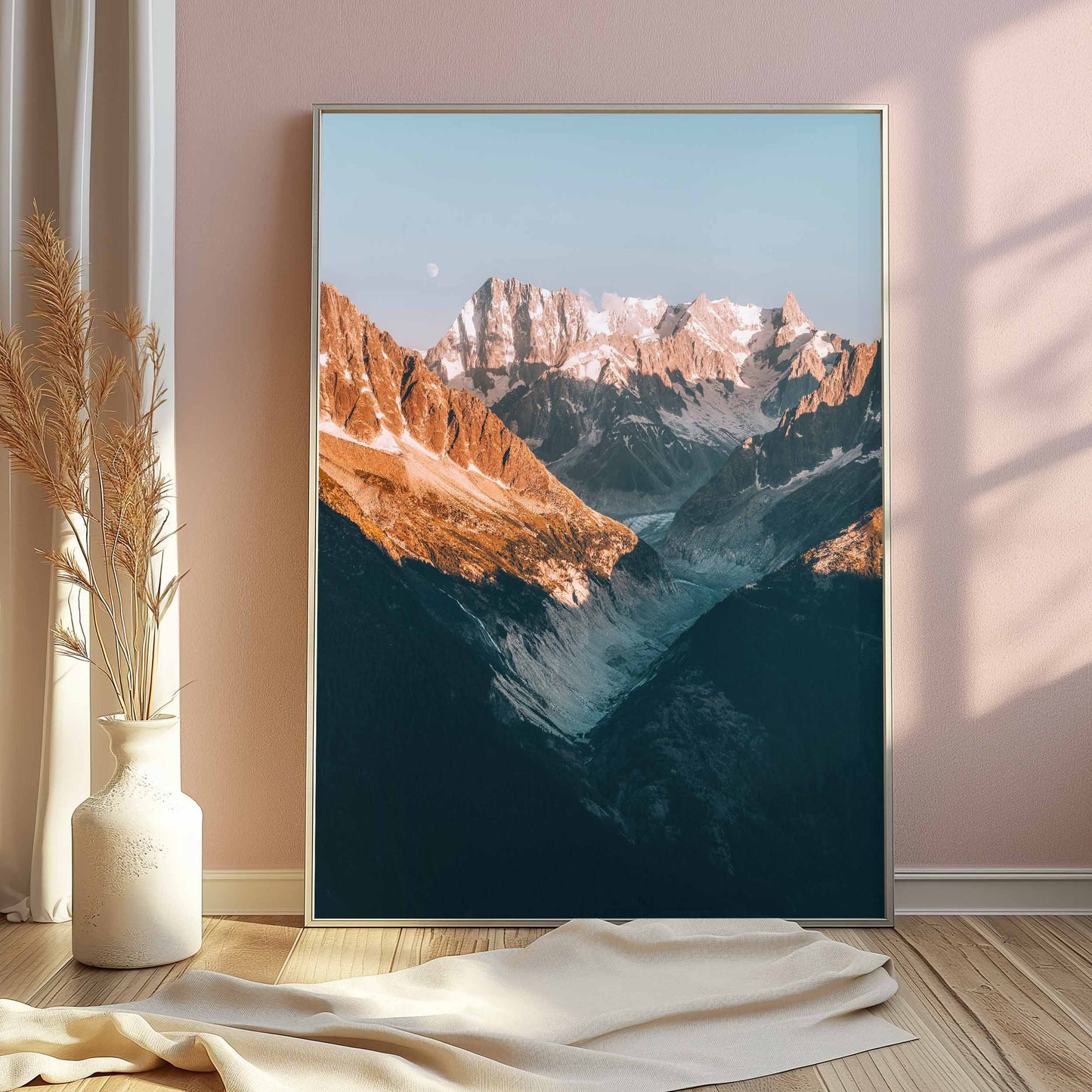 Majestic Mer de Glace glacier in the French Alps illuminated by warm evening light