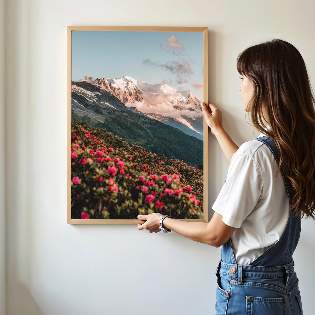 Breathtaking French Alps nature photography print showcasing wildflowers and towering peaks.