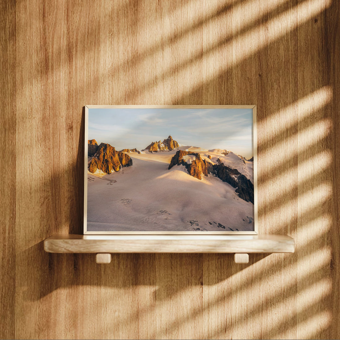 Chamonix glacier mountain print with warm evening tones and rugged cliffs at Aiguille du Midi.