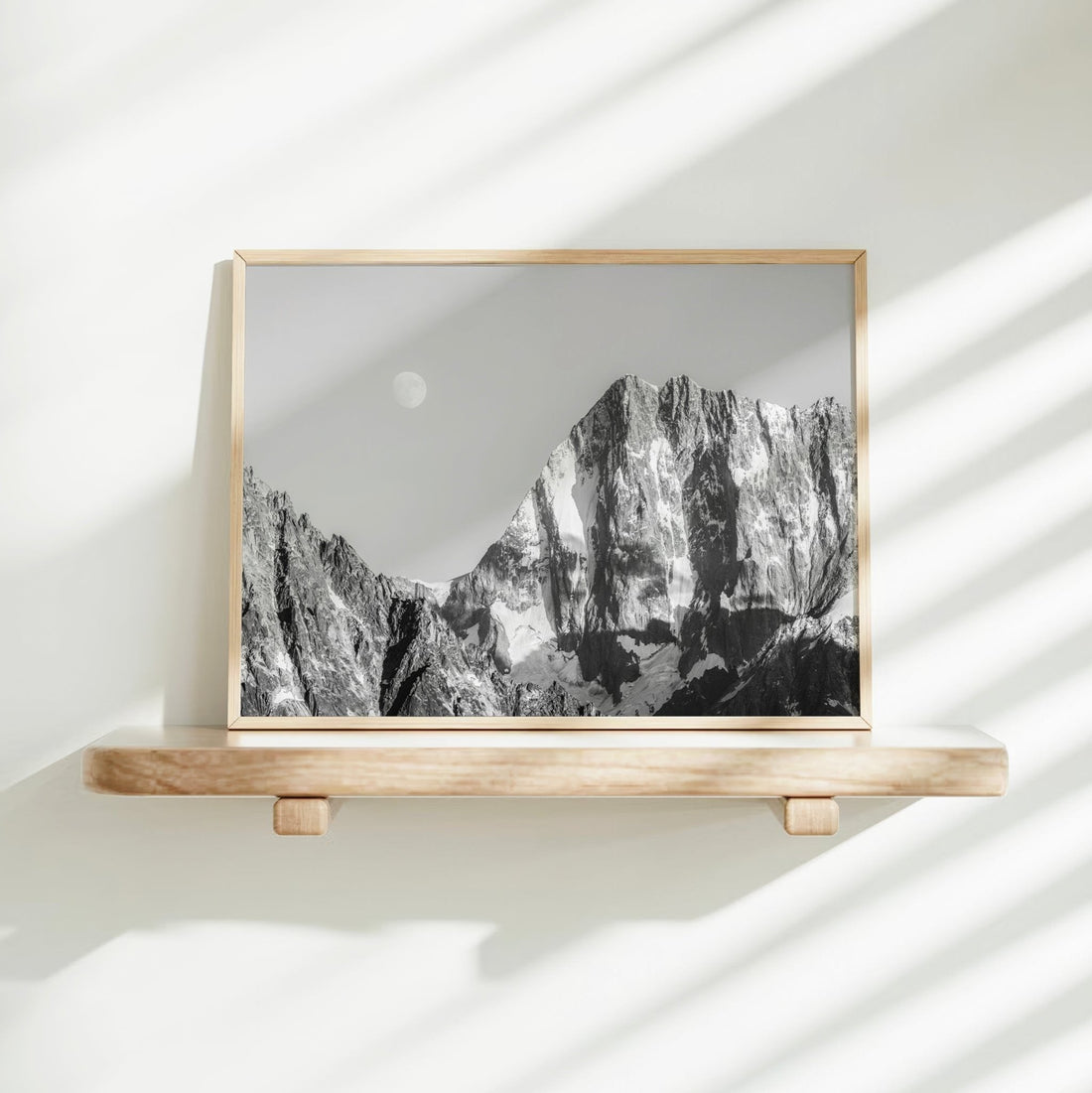 Black and white glacier photography print highlighting the iconic Grandes Jorasses, shot from the Chamonix valley.