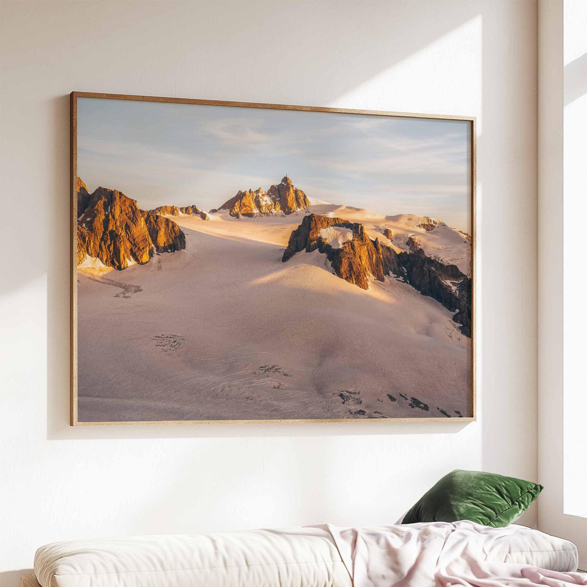 Wall art featuring the Aiguille du Midi at golden hour, a breathtaking alpine landscape for home decor.