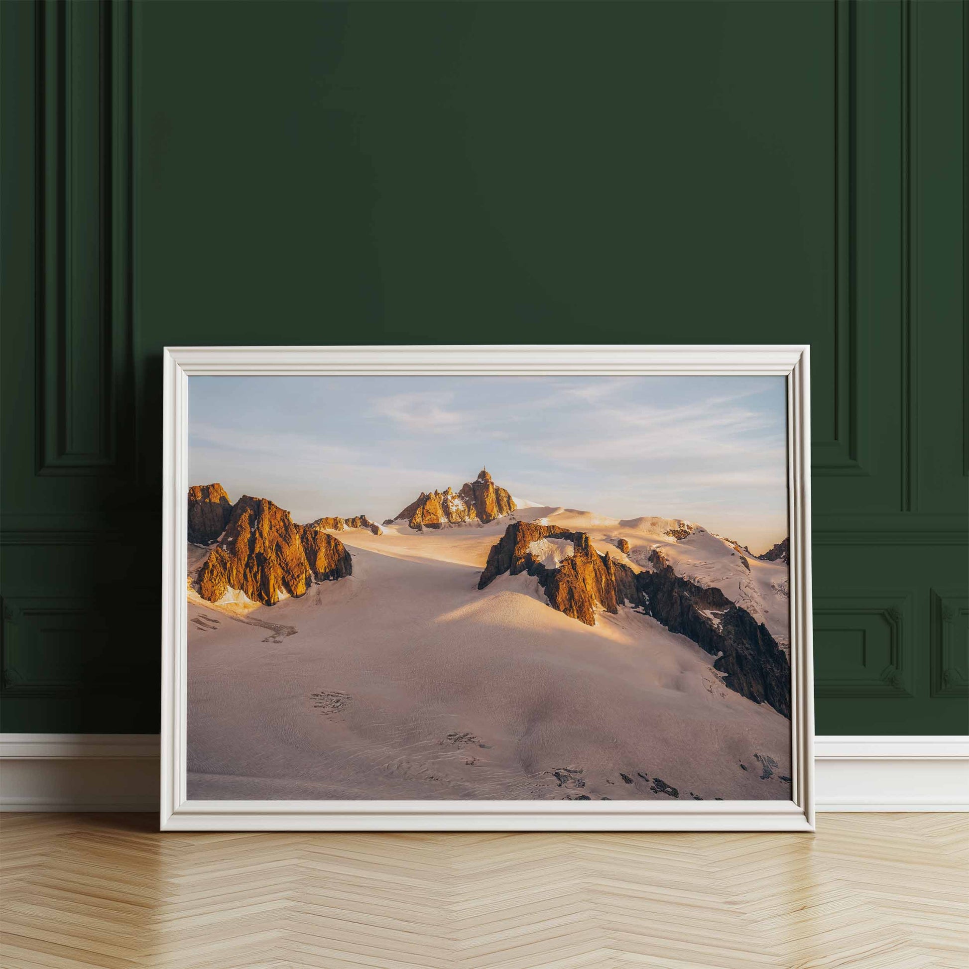 Framed print of the Aiguille du Midi bathed in sunset light, ideal for enhancing living spaces.