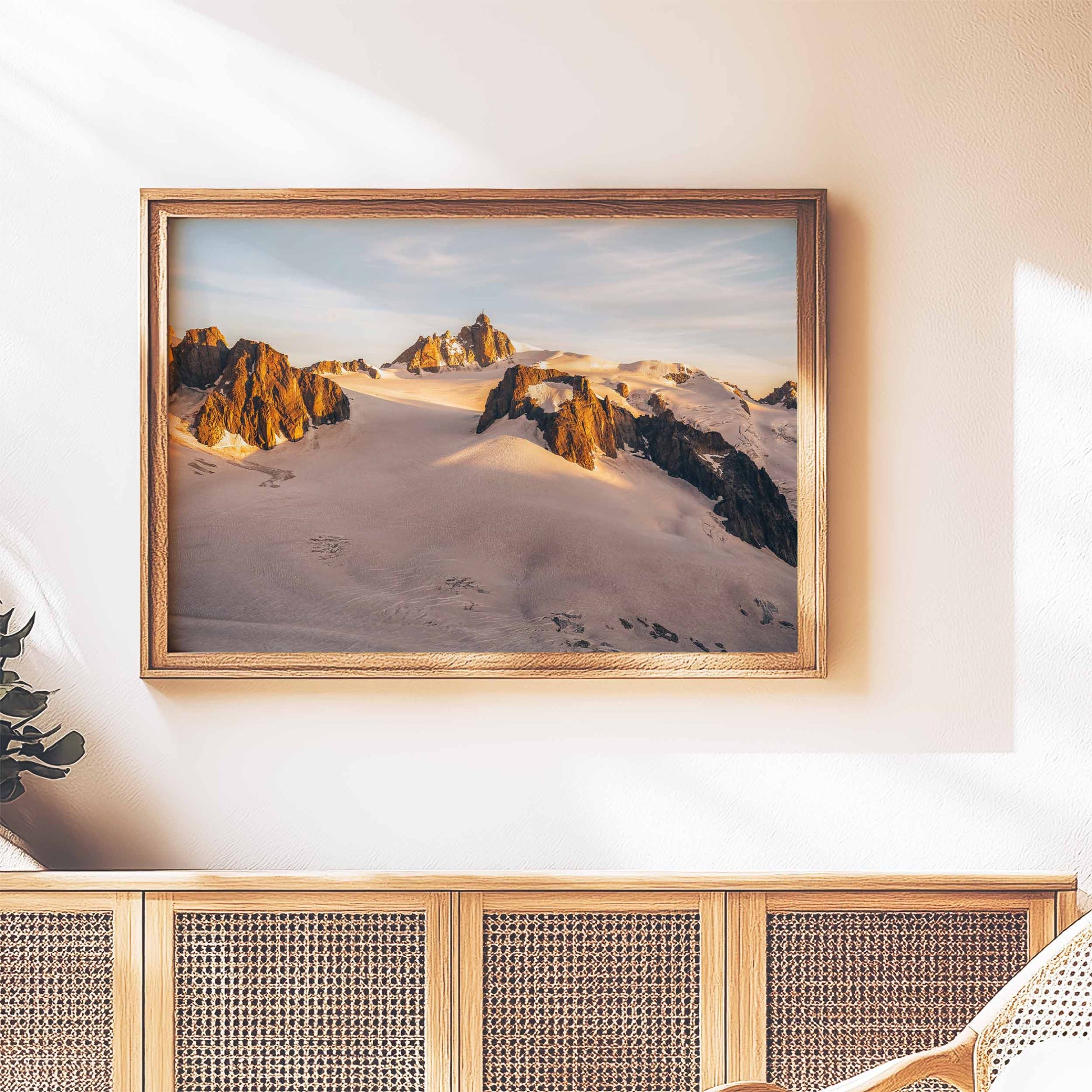 Sunrise over the Aiguille du Midi with warm hues, a captivating piece for modern interiors.