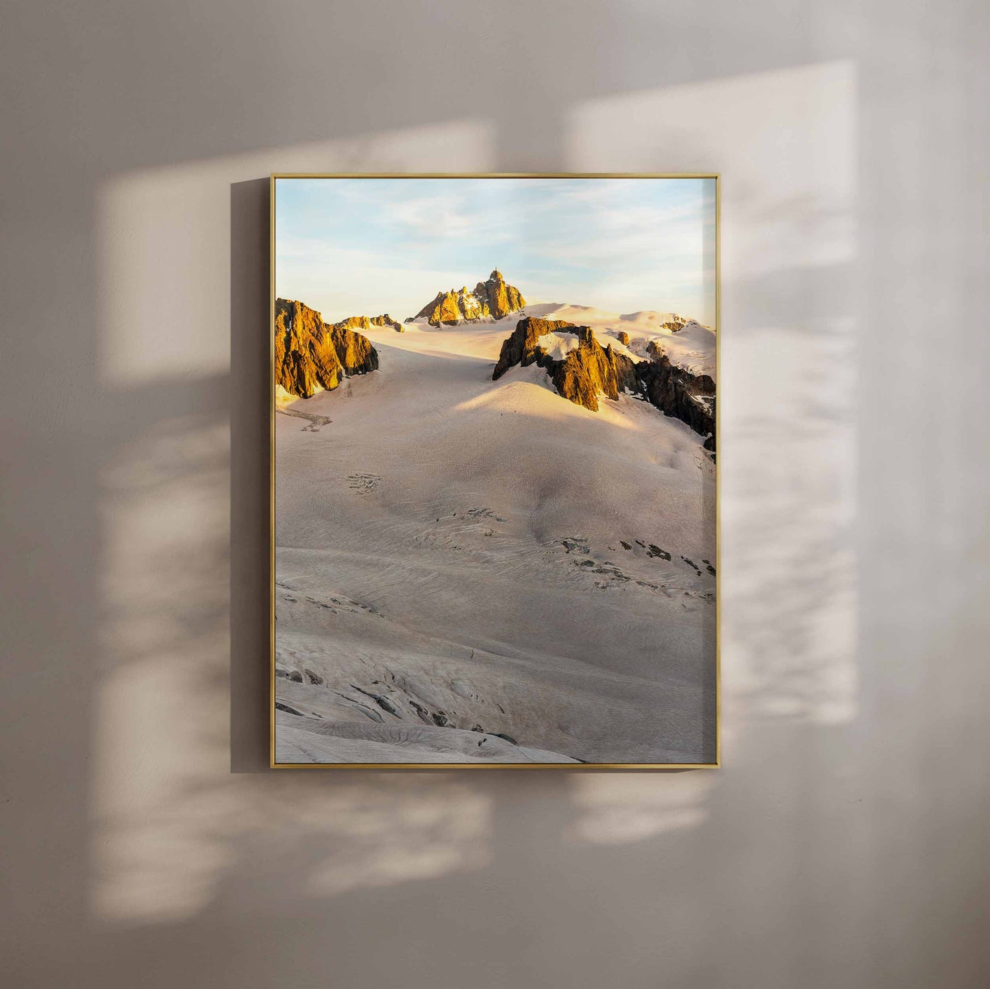 Sunrise over Vallée Blanche with Aiguille du Midi, framed print in golden light.