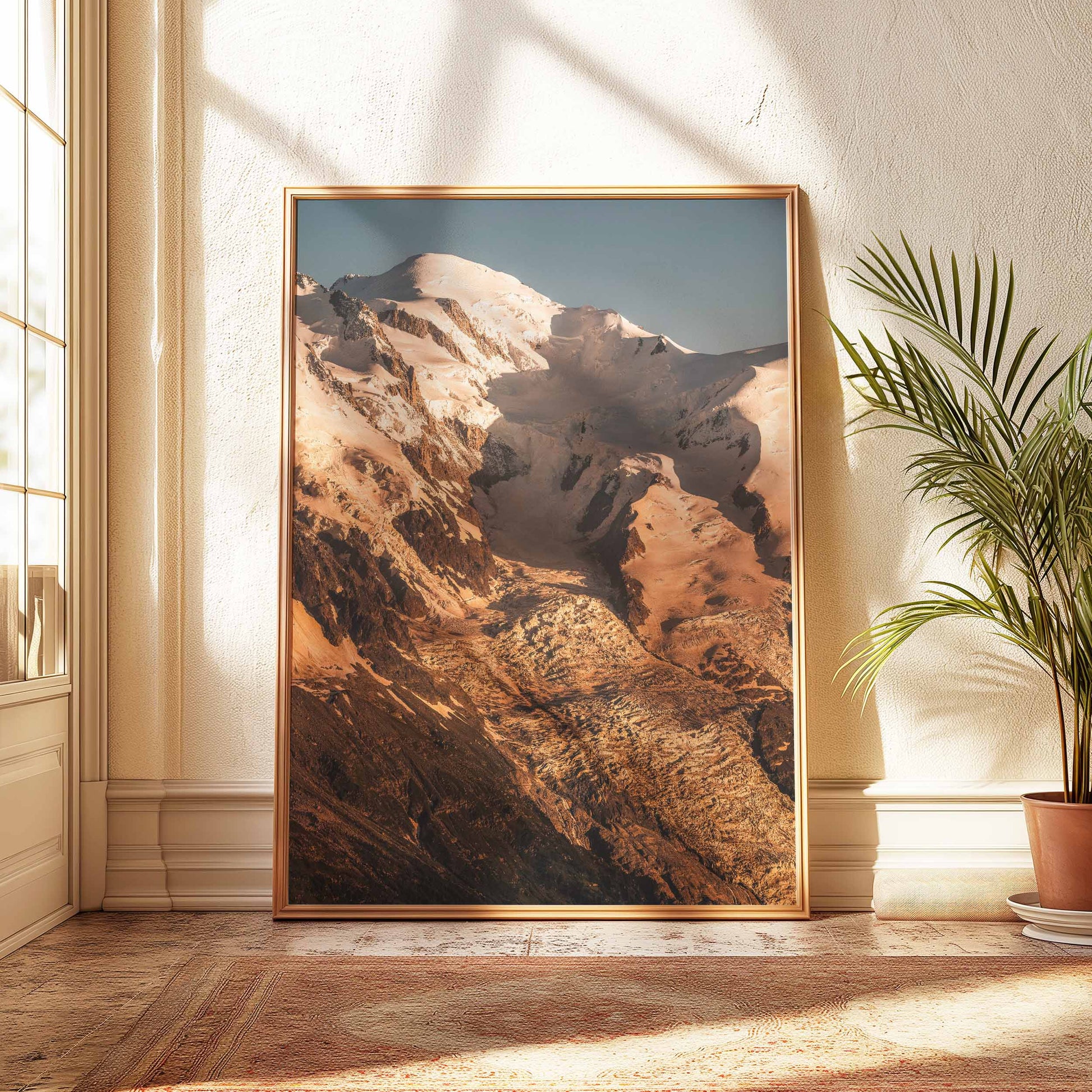 Mont Blanc golden light print – Chamonix mountain photography.