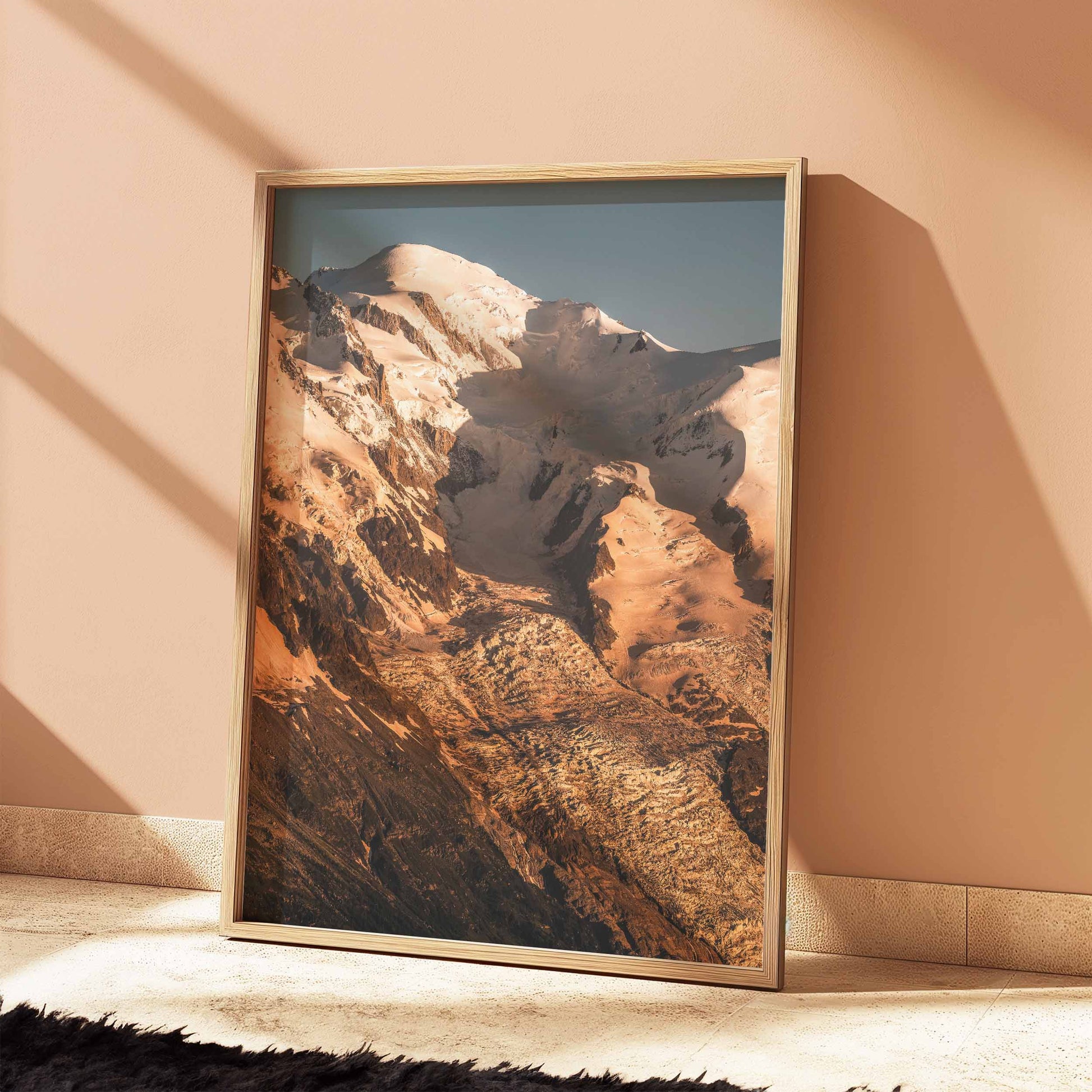 Mont Blanc golden hour mountain print – Chamonix wall art.