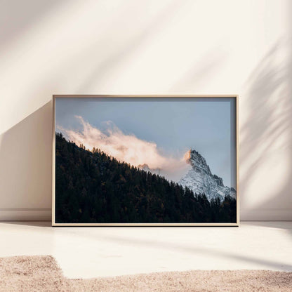 Wall art print of Aiguille du Midi during golden hour in Chamonix, highlighting its towering beauty and dramatic light.