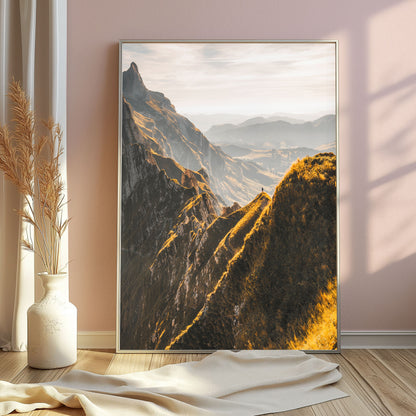 Golden-hour Schäfler ridgeline in Appenzell with sunlit peaks and dramatic depth, ideal for serene and captivating nature wall art.