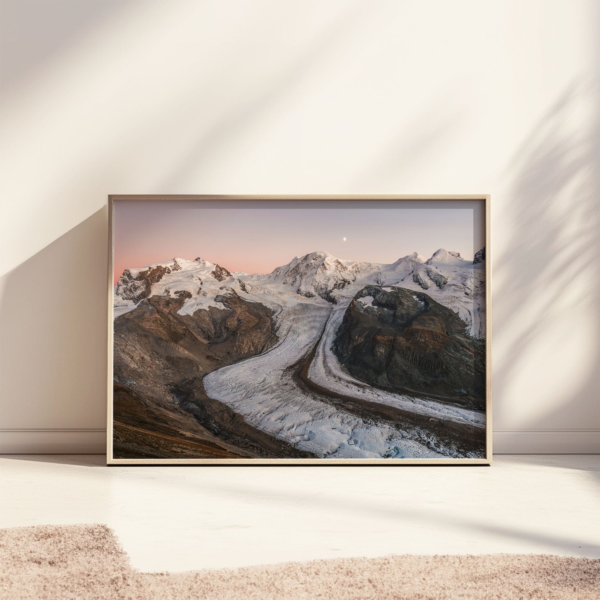 Evening view of Gorner Glacier with Monte Rosa Massif, glowing under soft sunset light, perfect for mountain wall art and nature-inspired decor.