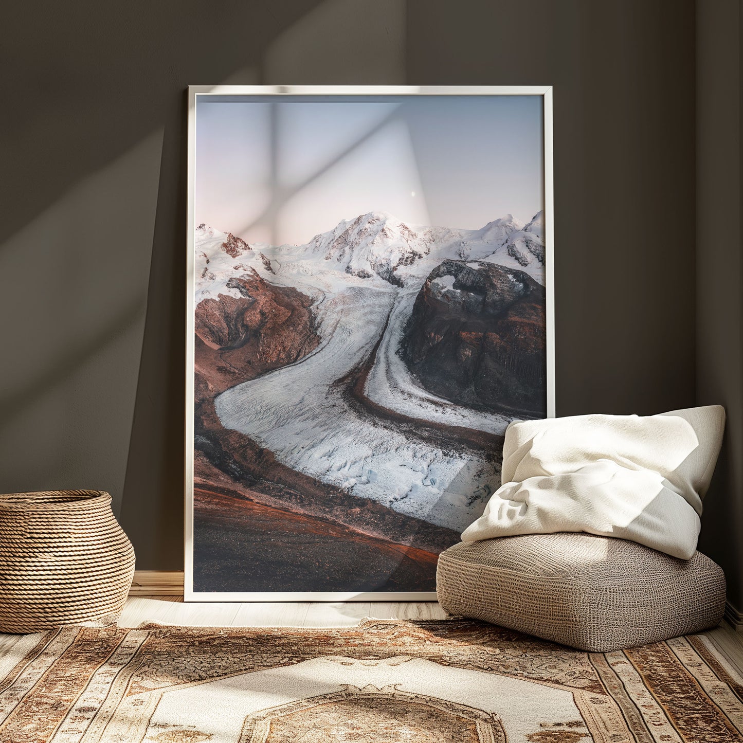 Gorner Glacier at sunset, capturing soft pastel skies and rugged mountain terrain.