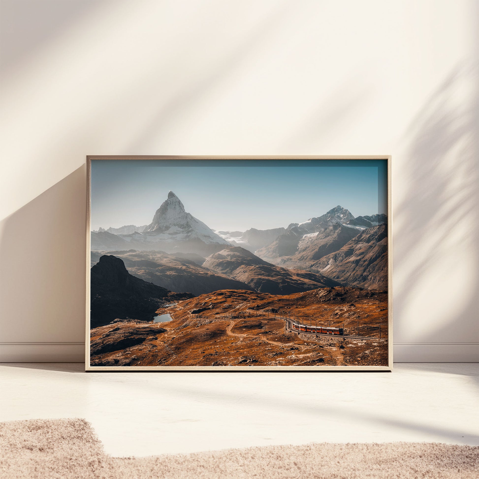 The iconic Gornergrat train with sweeping views of the Matterhorn and surrounding Swiss Alps, a perfect nature wall art.