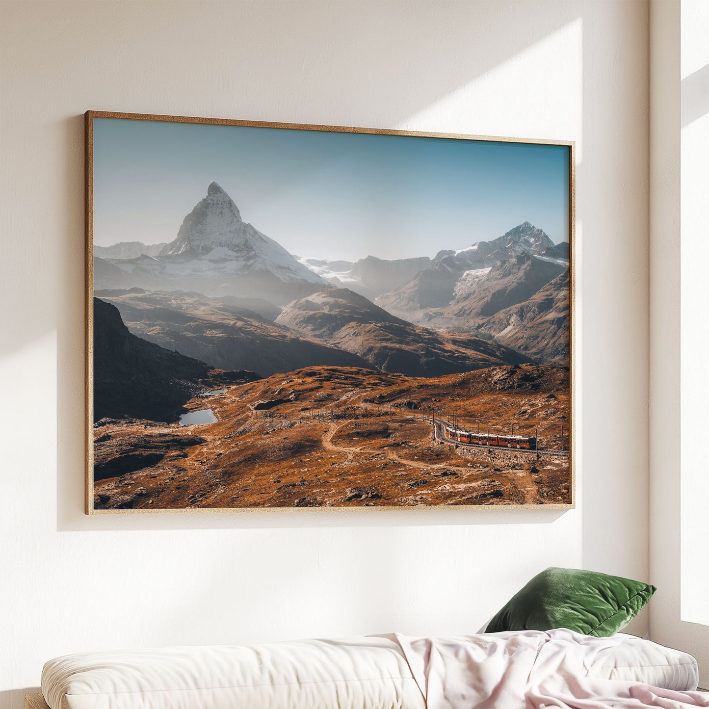 The Gornergrat train winding through the Swiss Alps with Matterhorn in the background, a stunning wall art piece.