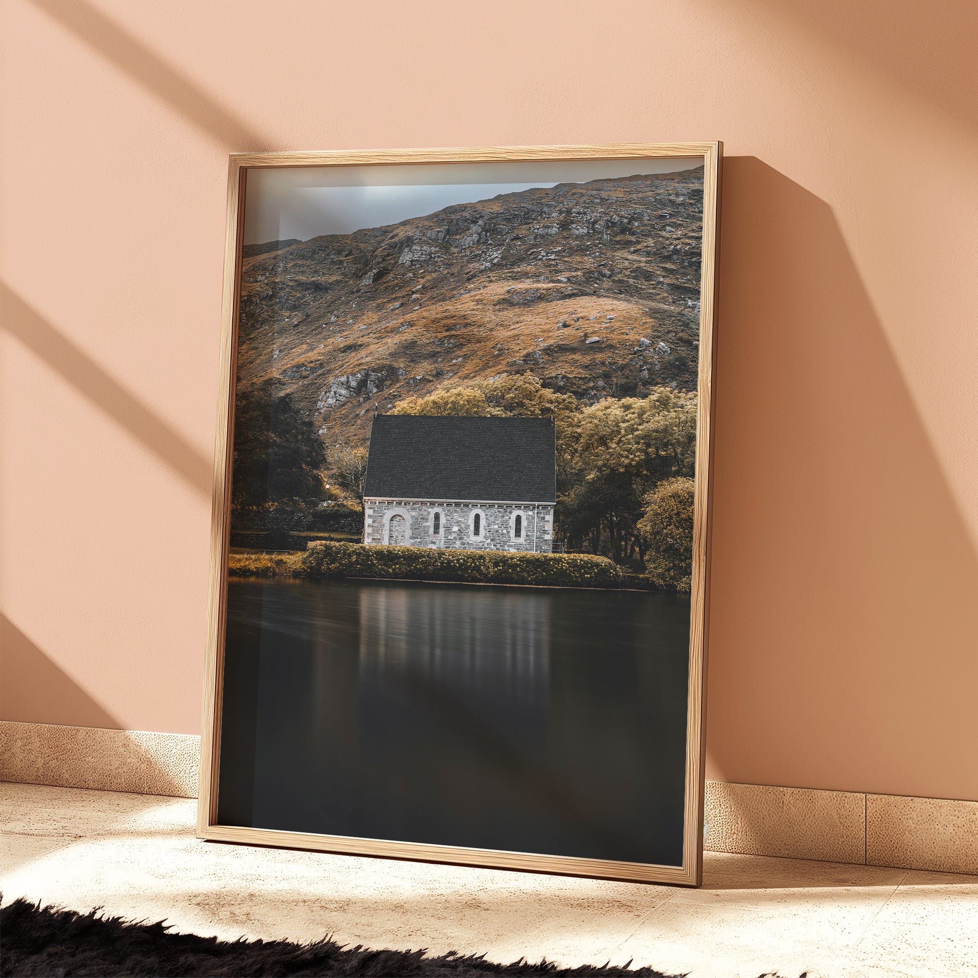 Elegant framed photo of Gougane Barra chapel in modern home decor