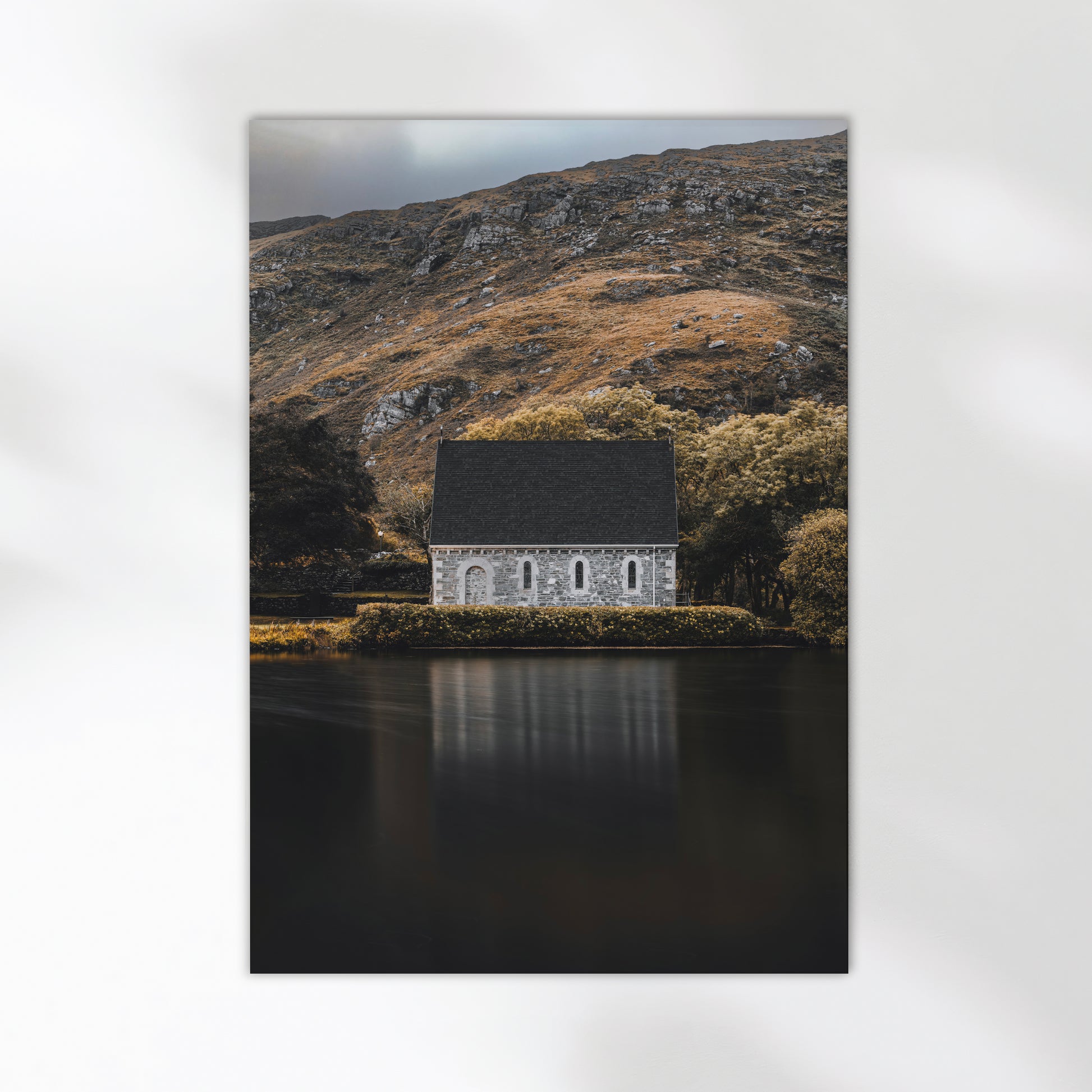 Fine art photo of Gougane Barra chapel reflecting in water, Ireland