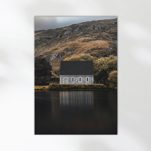 Fine art photo of Gougane Barra chapel reflecting in water, Ireland