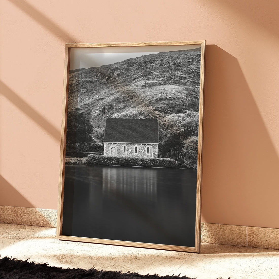 Gougane Barra chapel artwork displayed in a warm-toned room