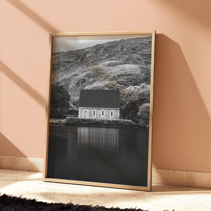 Gougane Barra chapel artwork displayed in a warm-toned room